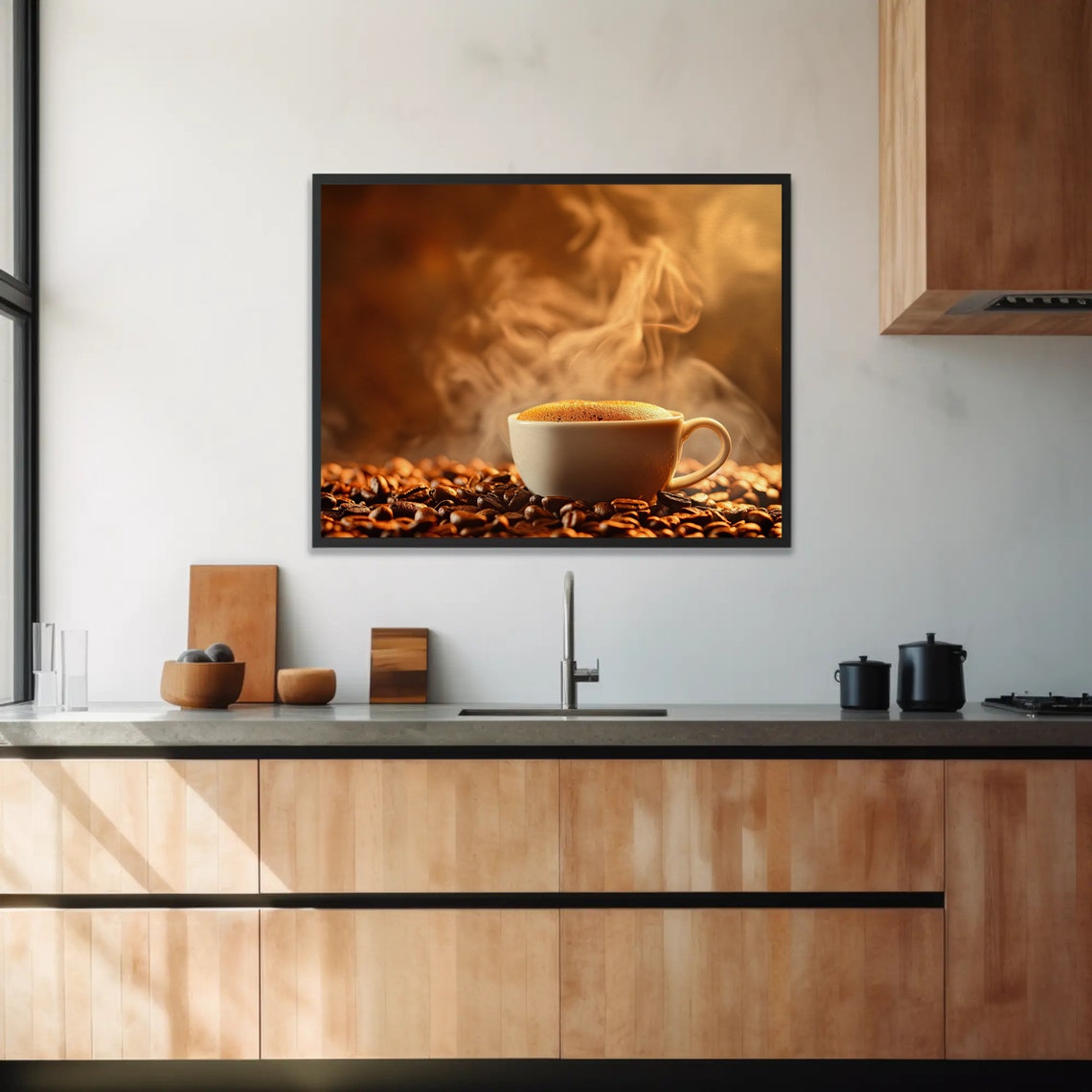 Brown Coffee Cup Print For Kitchen Or Cafe Coffee Beans Hot Coffee Painting Wall Art Ready To Hang - Image 3