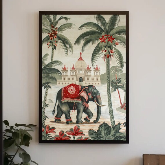 Indian Elephant Wall Art Luxury Vintage Framed Painting Exotic India Landscape Elephant Decor Elegant Luxury Indian Painting