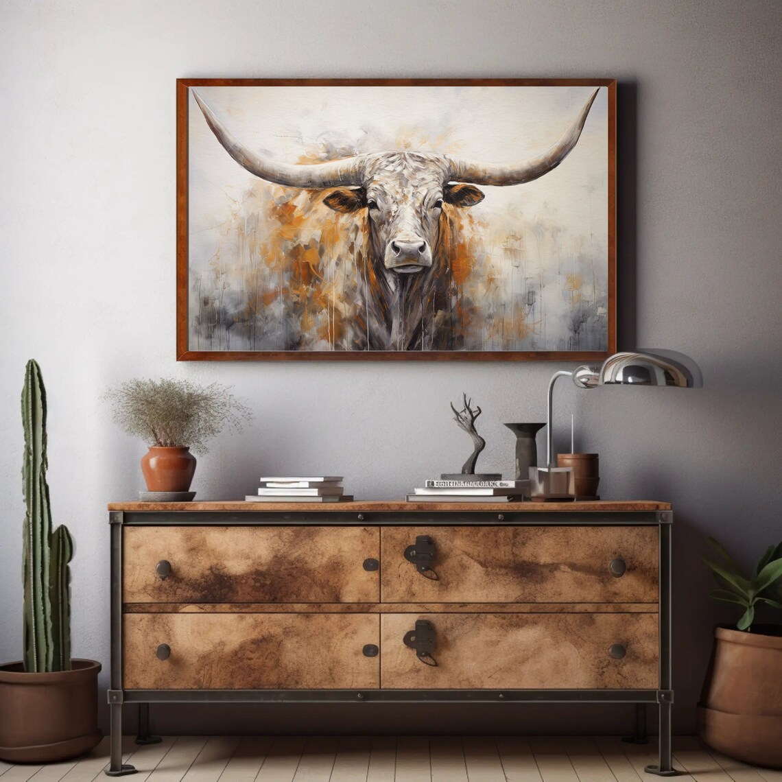 Abstract Texas Longhorn Portrait in Muted Gold and Gray Poster - Image 4