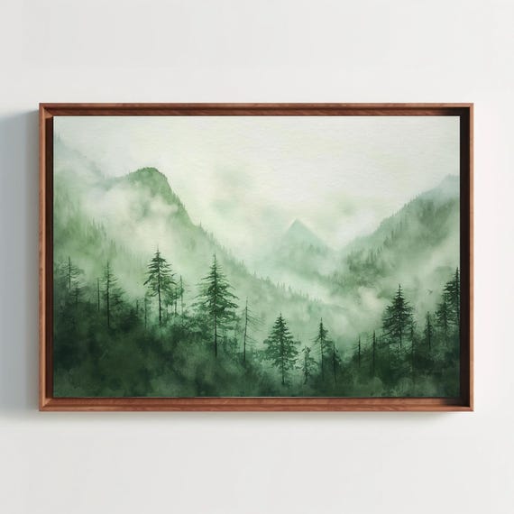 Sage Green Forest Watercolor Painting Print Foggy Mountain Poster Green Wall Decor Ready To Hang Framed Living Room Decor