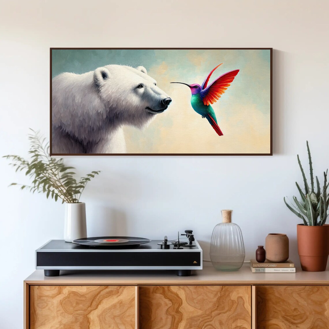 Polar Bear And Hummingbird Whimsical Wildlife Oil Painting Poster - Image 5