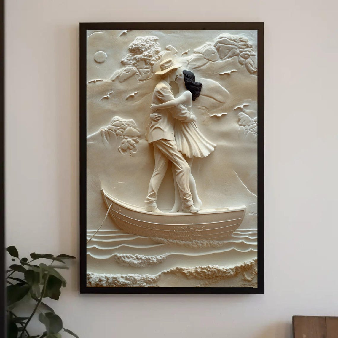 Romantic Couple Kissing On Boat White 3D Sculpted Relief Poster