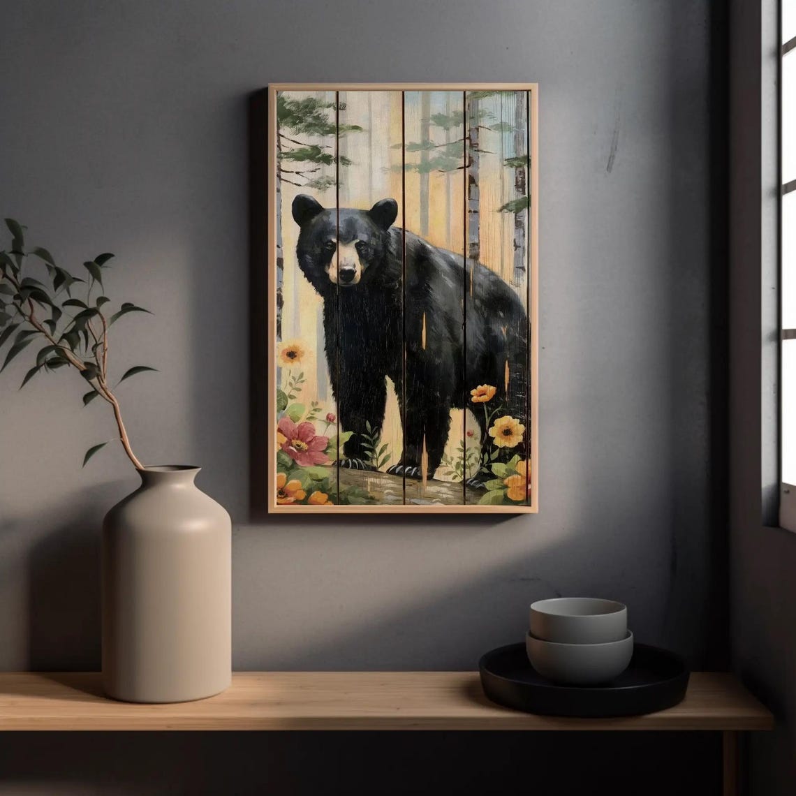 Black Bear In Birch Forest Painted On Rustic Wood Planks Poster - Image 4
