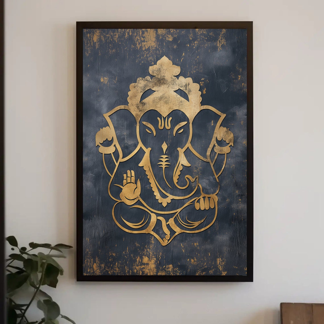 Gold Line Lord Ganesha On Dark Navy Ground Spiritual Wall Poster