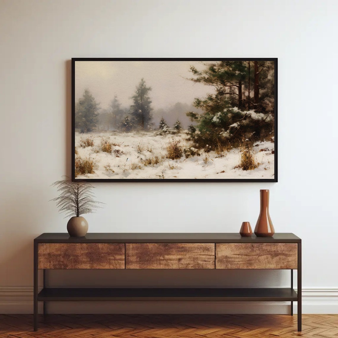Misty Winter Fir Forest Snowy Landscape Impressionist Painting Poster - Image 3