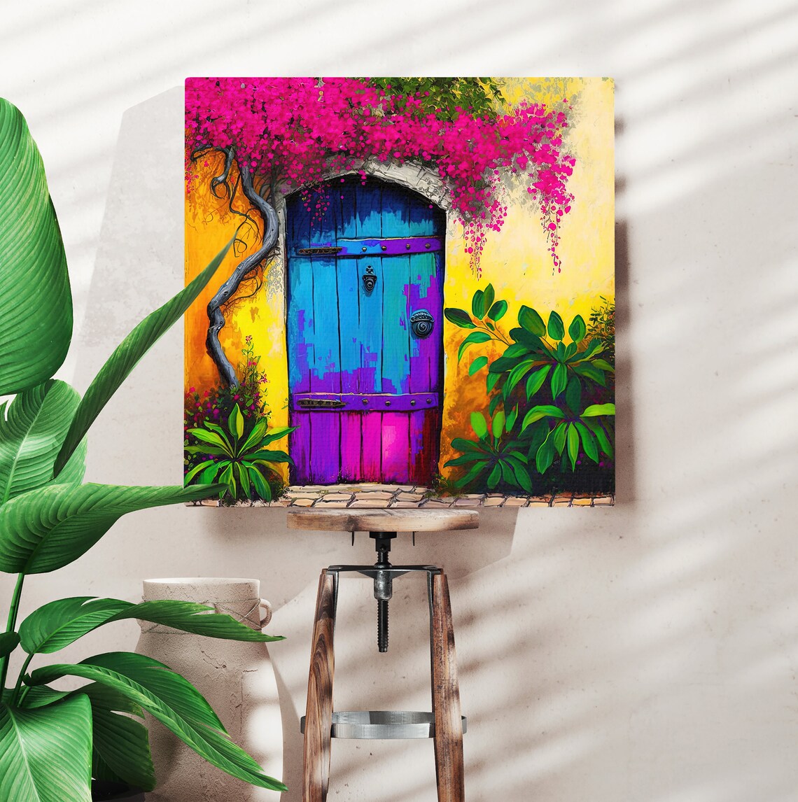 Colorful Mexican Blue Wooden Door Bougainvillea Flowers Scene Poster - Image 5