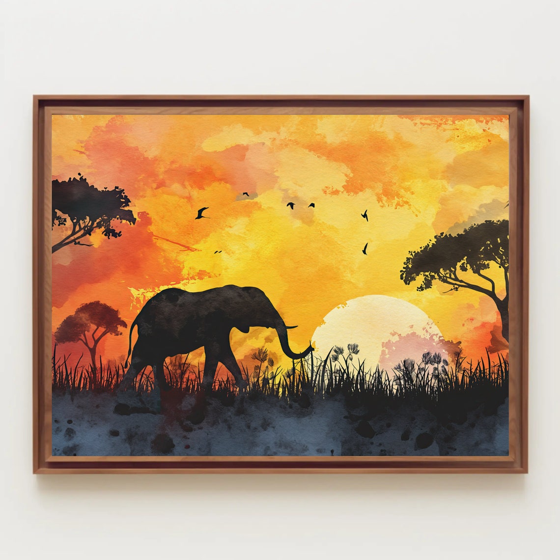 African Elephant Sunset Silhouette Savanna Watercolor Poster - Image 4