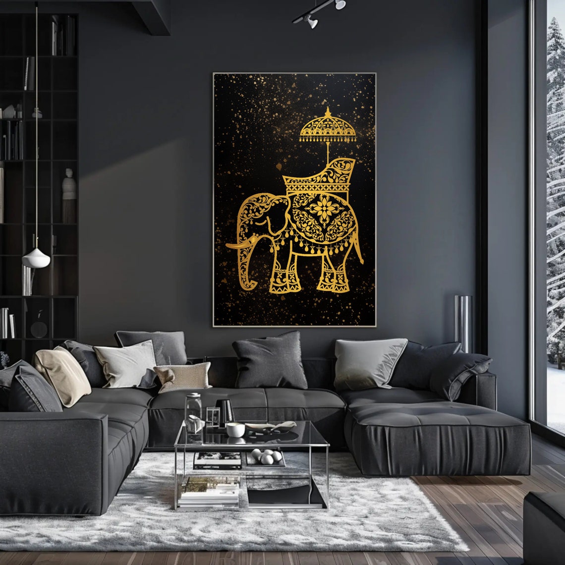Golden Royal Indian Elephant With Parasol Luxury Decor Art Poster - Image 4