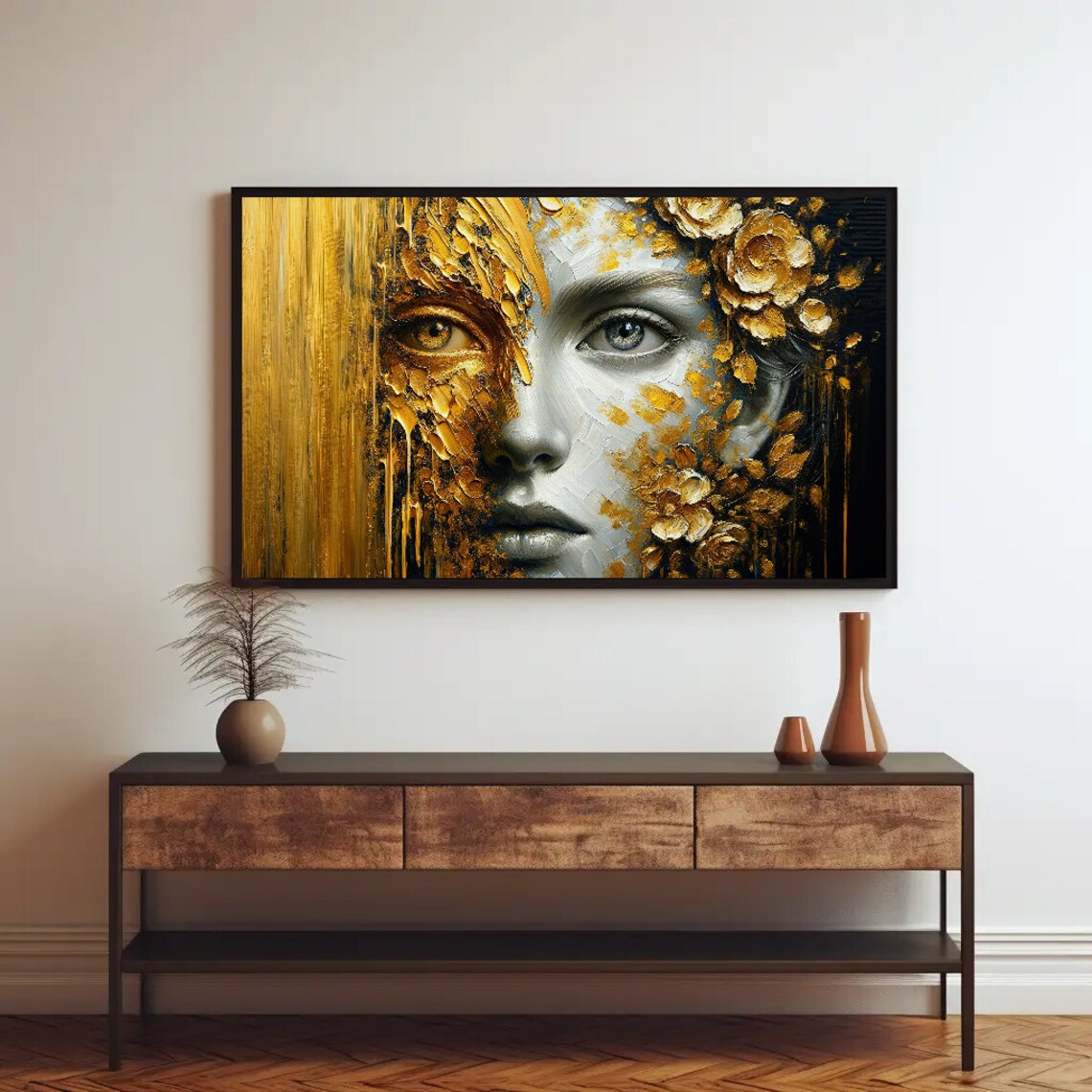 Golden Glimpse Portrait, Luxurious Hallway Art Print - Image 2