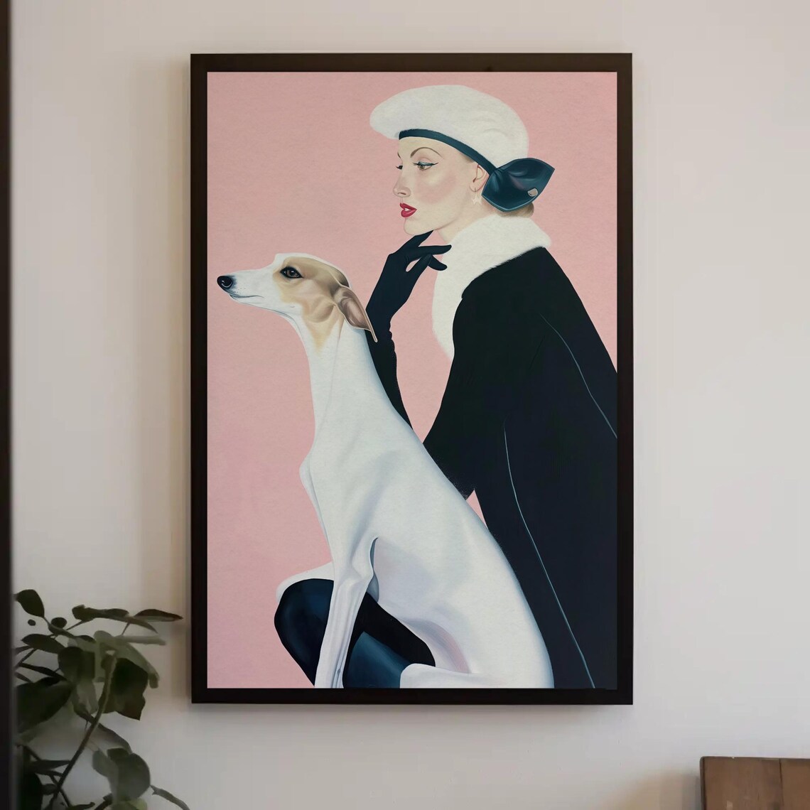 Vintage Woman and Borzoi Greyhound Poster on Soft Pink Background