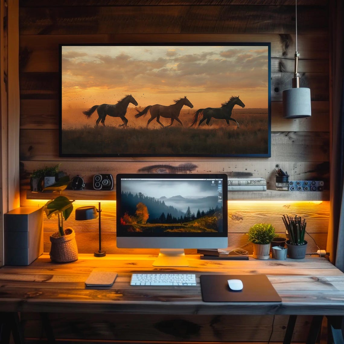 Galloping Horses Silhouette At Sunset Prairie Dust Art Poster - Image 2
