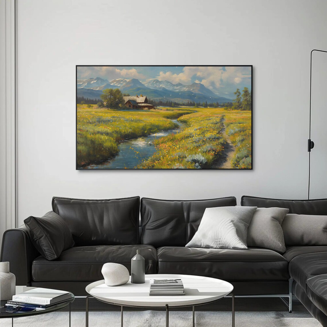 Mountain Meadow Stream And Cabin Vintage Landscape Oil Poster - Image 4