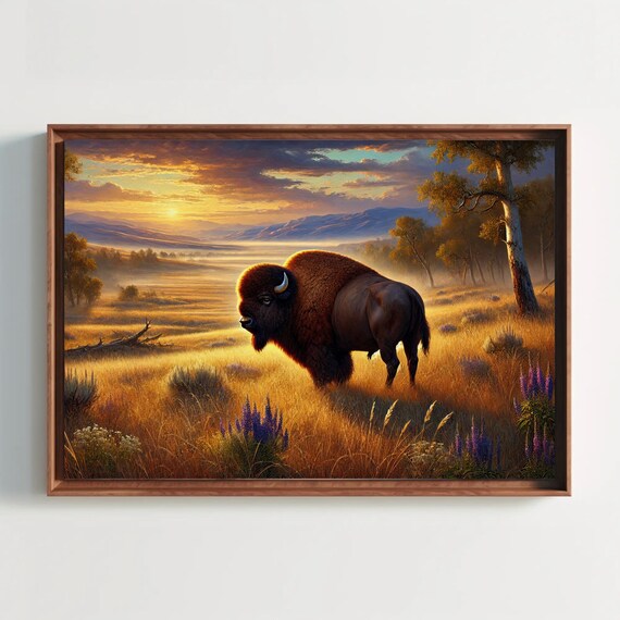 Bison Sunset Golden Meadow Wildflowers Majestic Prairie Landscape Poster