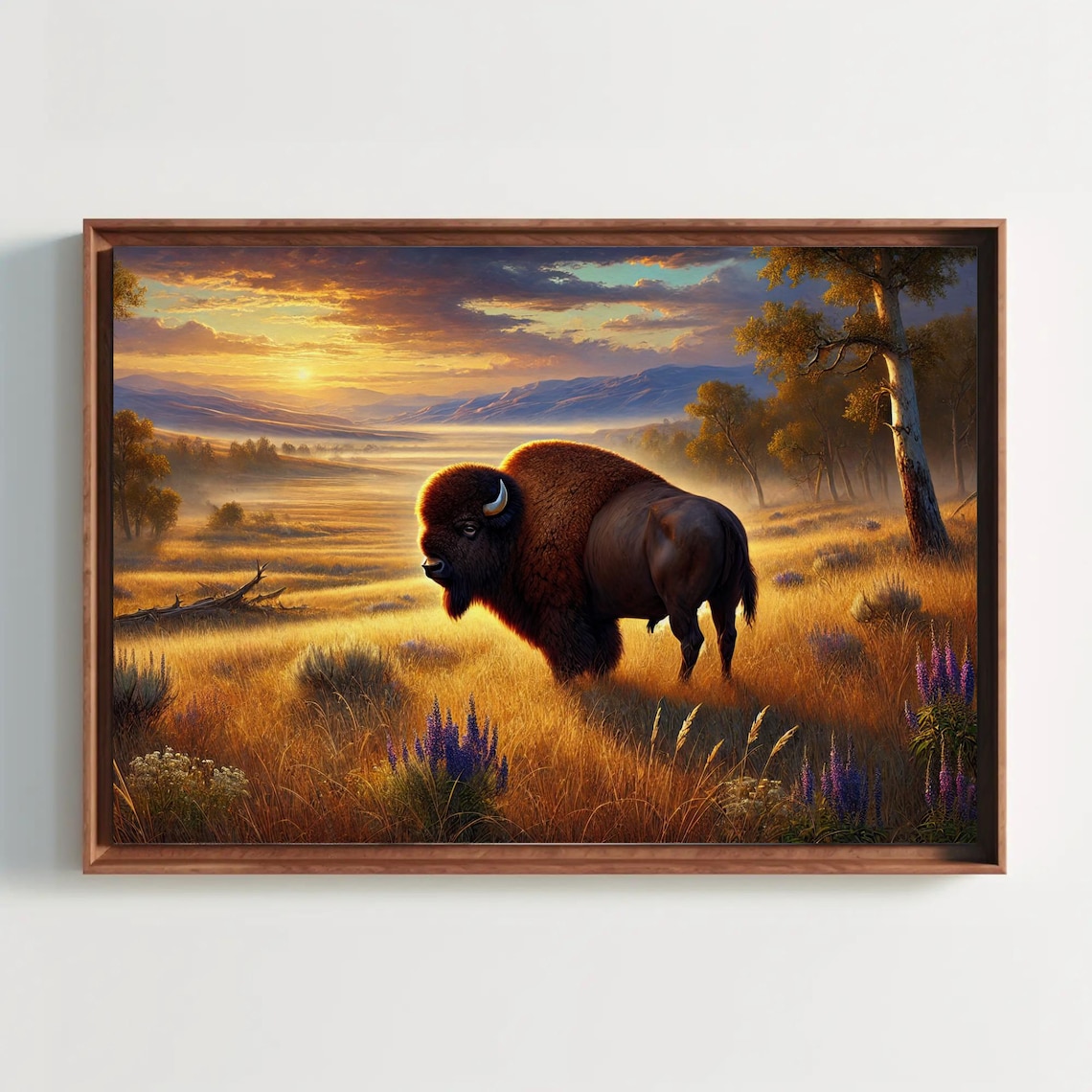 Bison Sunset Golden Meadow Wildflowers Majestic Prairie Landscape Poster