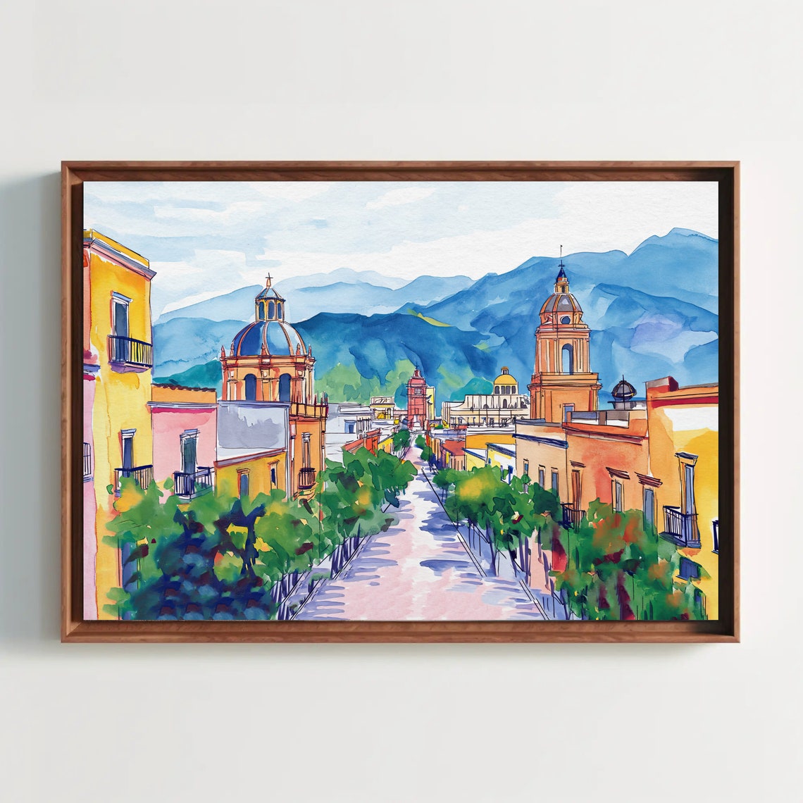 Oaxaca Colonial Street with Churches and Mountains Watercolor Poster