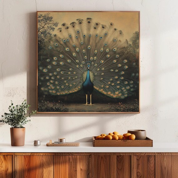 Dancing Peacock Spreading Feathers Print Indian Wall Art Square Large Wall Decor Luxury Home Decor Bird Wall Art Bird Lover