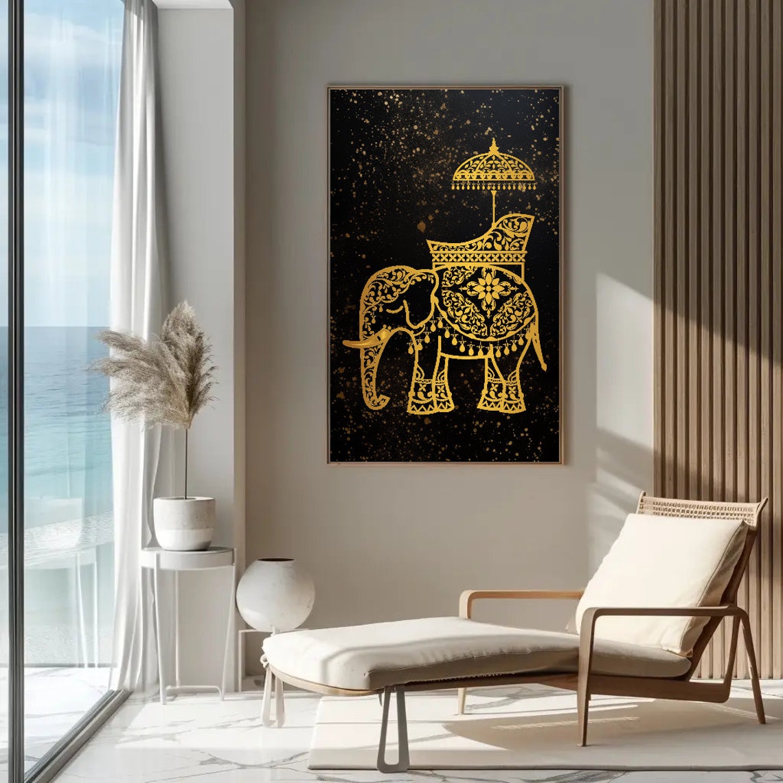 Golden Royal Indian Elephant With Parasol Luxury Decor Art Poster - Image 3