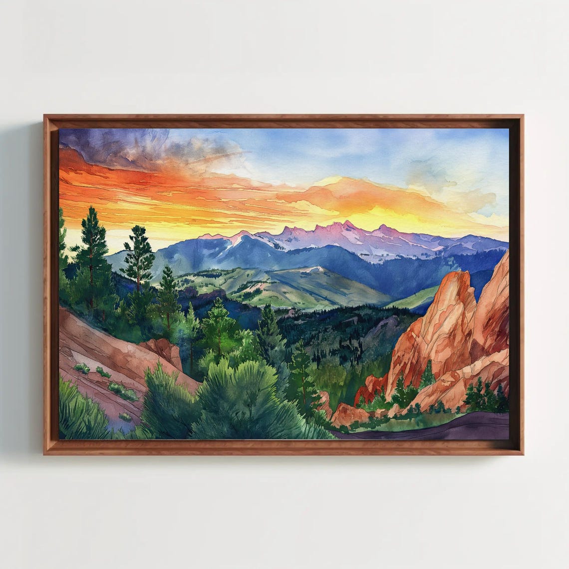 Colorado Springs Sunset Red Rocks Mountain Watercolor Scenic Poster