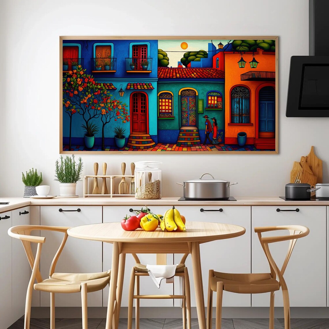 Mexican Colonial Street Folk Art Painting with Colorful Houses Poster - Image 3