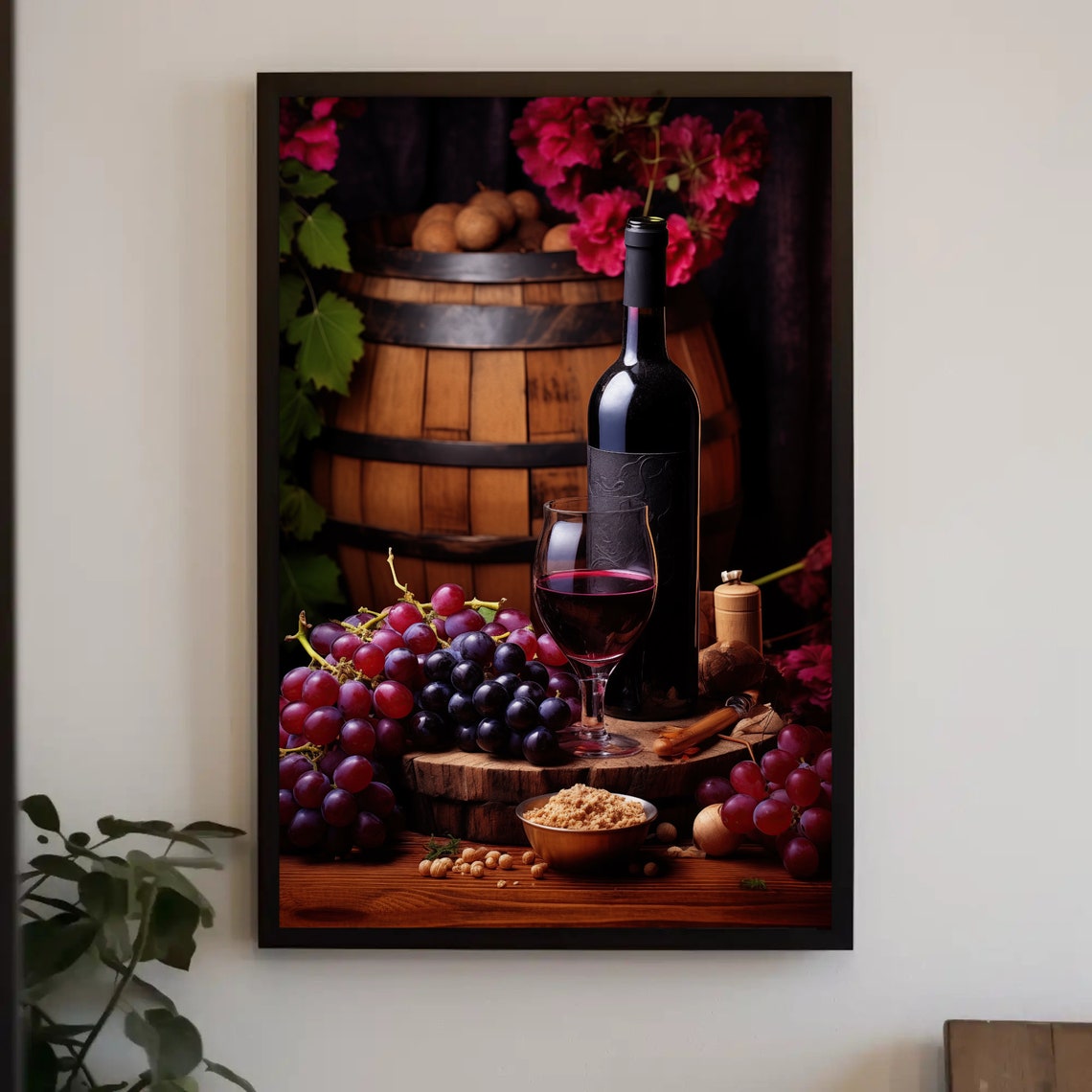 Red Wine Bottle Glass and Grapes Rustic Vineyard Still Life Art Poster