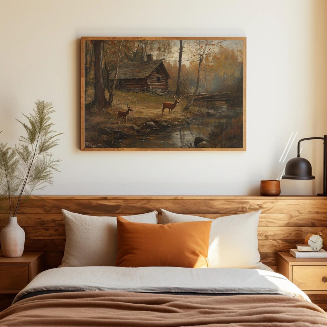 Rustic Log Cabin By A Stream With Stags In Moody Forest Poster - Image 3