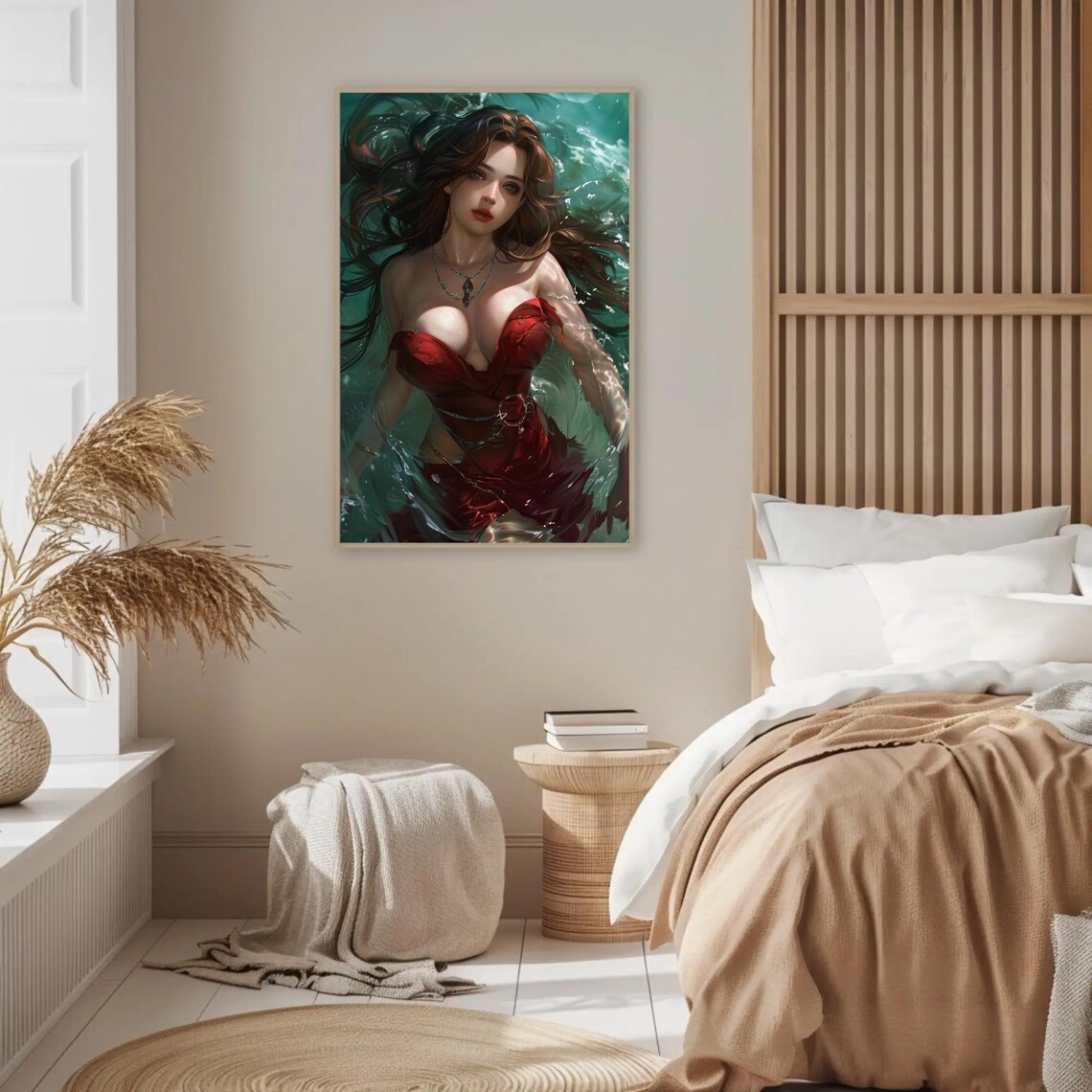 Anime Woman in Red Dress Swimming in Teal Water Fantasy Art Poster - Image 2