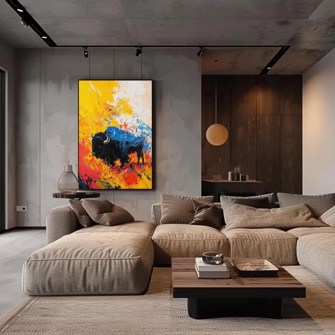 Bold Abstract Bison In Fiery Yellow And Blue Oil Painting Poster - Image 2