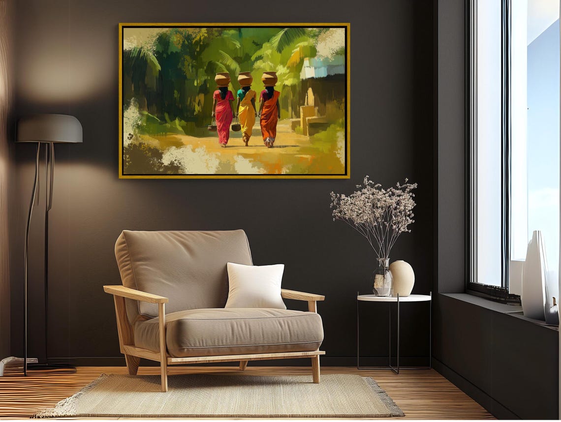 Three Village Women in Sarees Carrying Pots Abstract Art Poster - Image 3