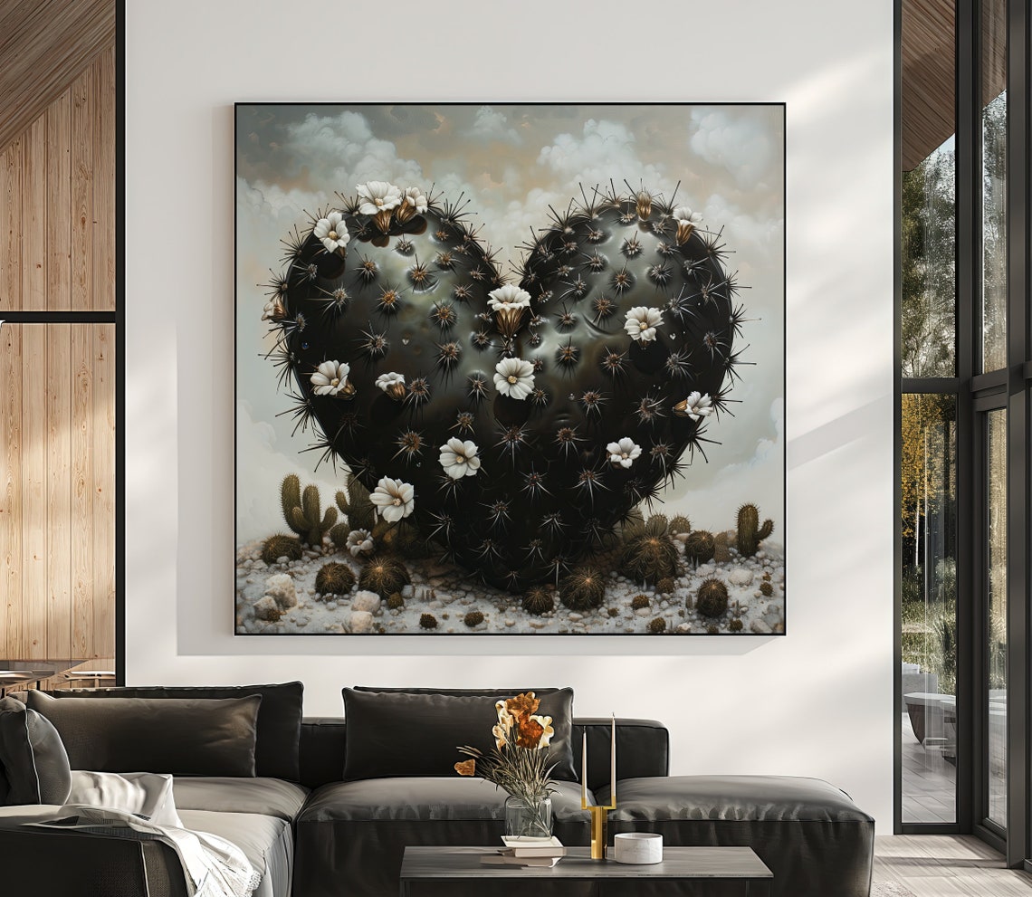 Black Heart-Shaped Cactus with White Flowers Desert Art Poster - Image 5