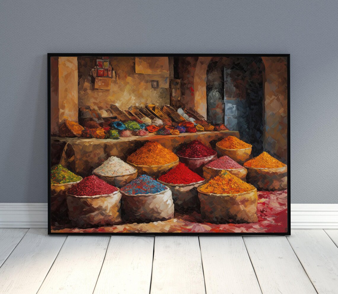 Spice Market Oil Painting Vibrant Sacks of Spices Kitchen Poster - Image 2