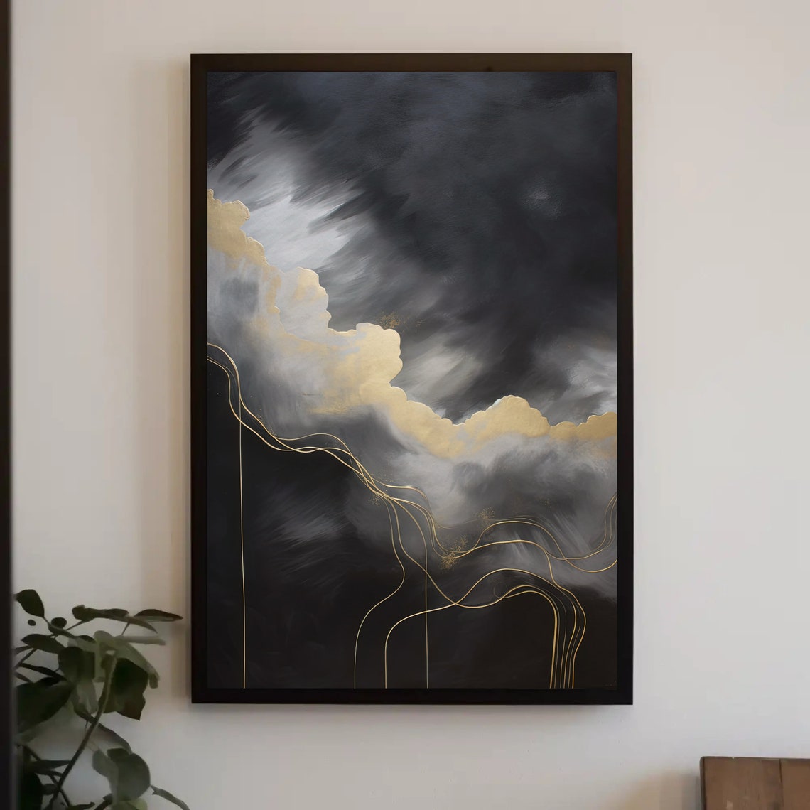 Golden Clouds Raining Gold Print Abstract Wall Art For Living Room And Bedroom Decor Large Golden Cloud Wall Art