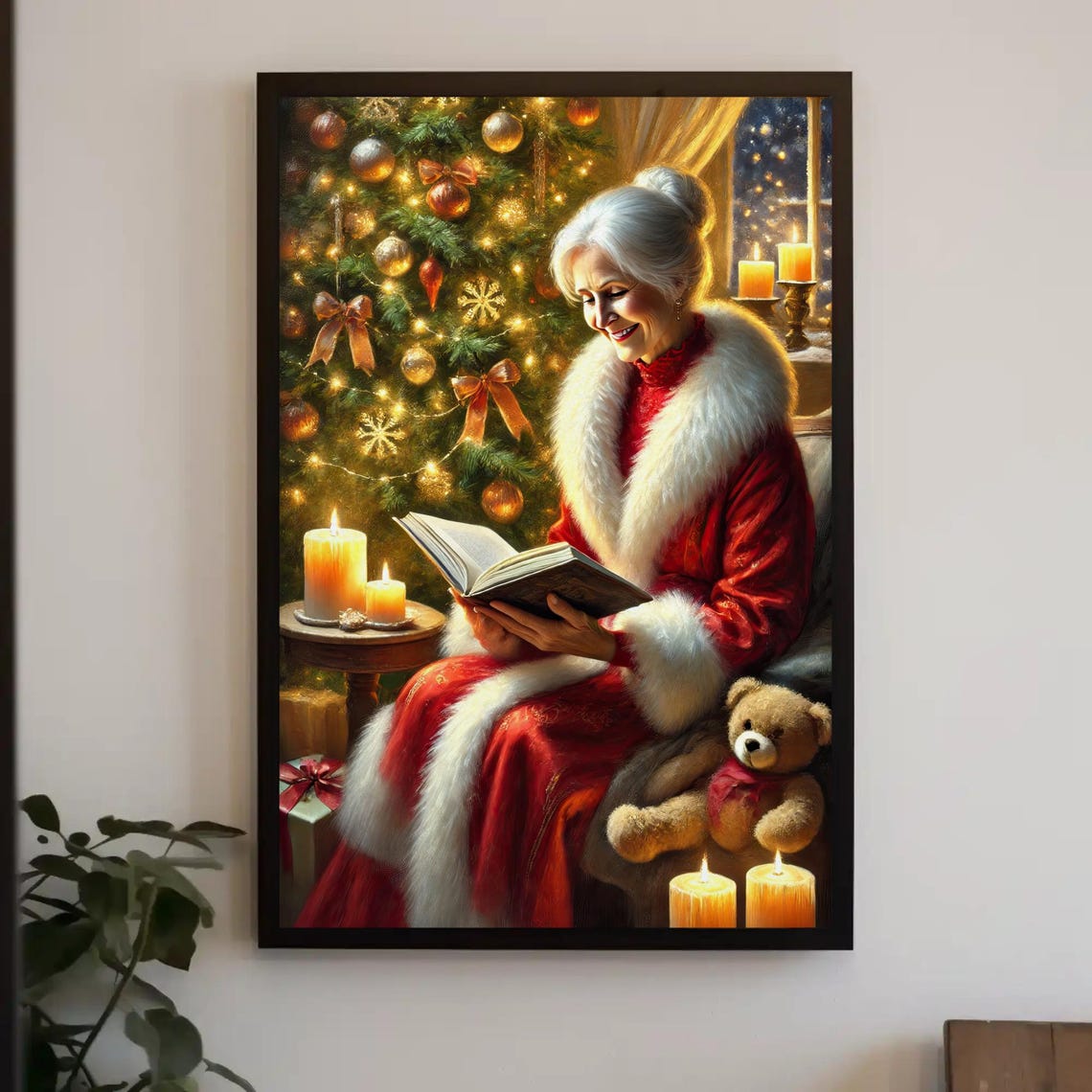 Mrs Claus Reading By The Christmas Tree With Teddy Bear Poster