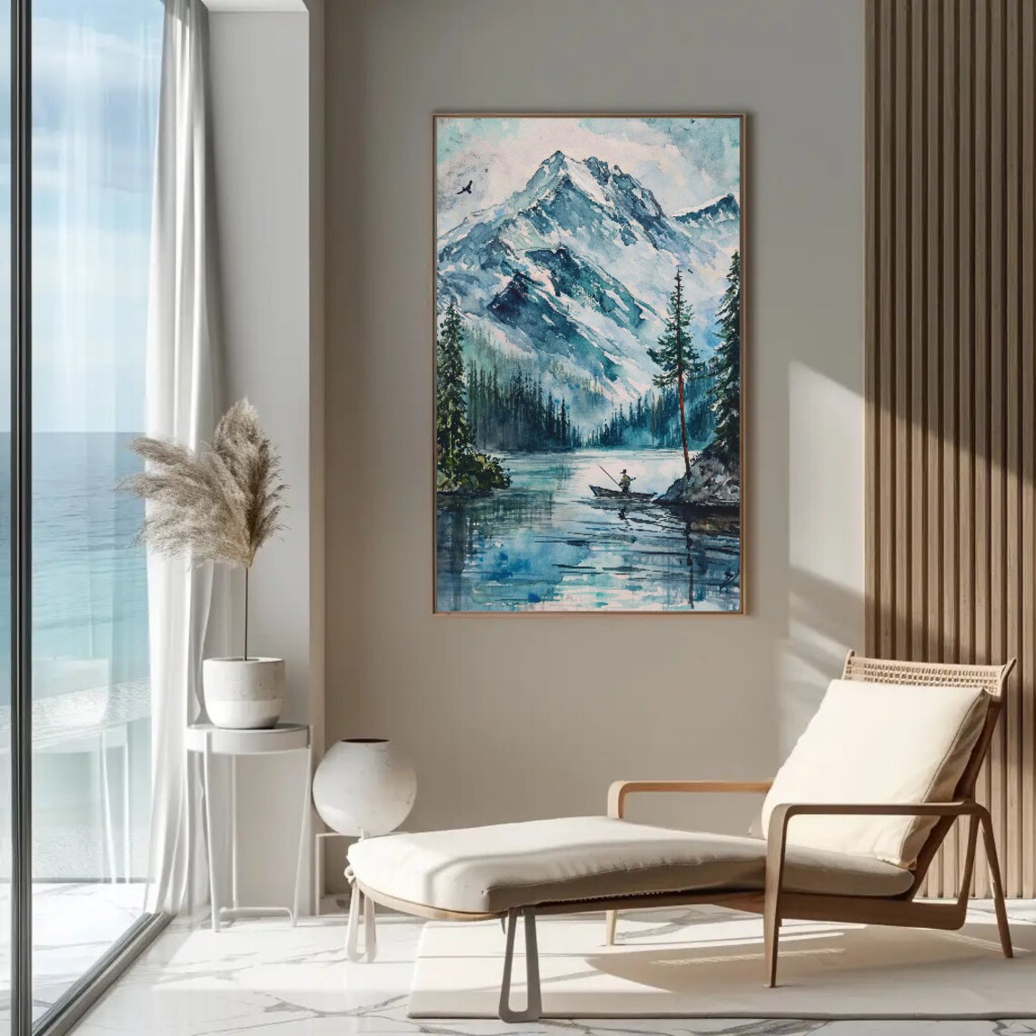 Fisherman In Canoe On Alpine Lake Snowy Peak Watercolor Poster - Image 5