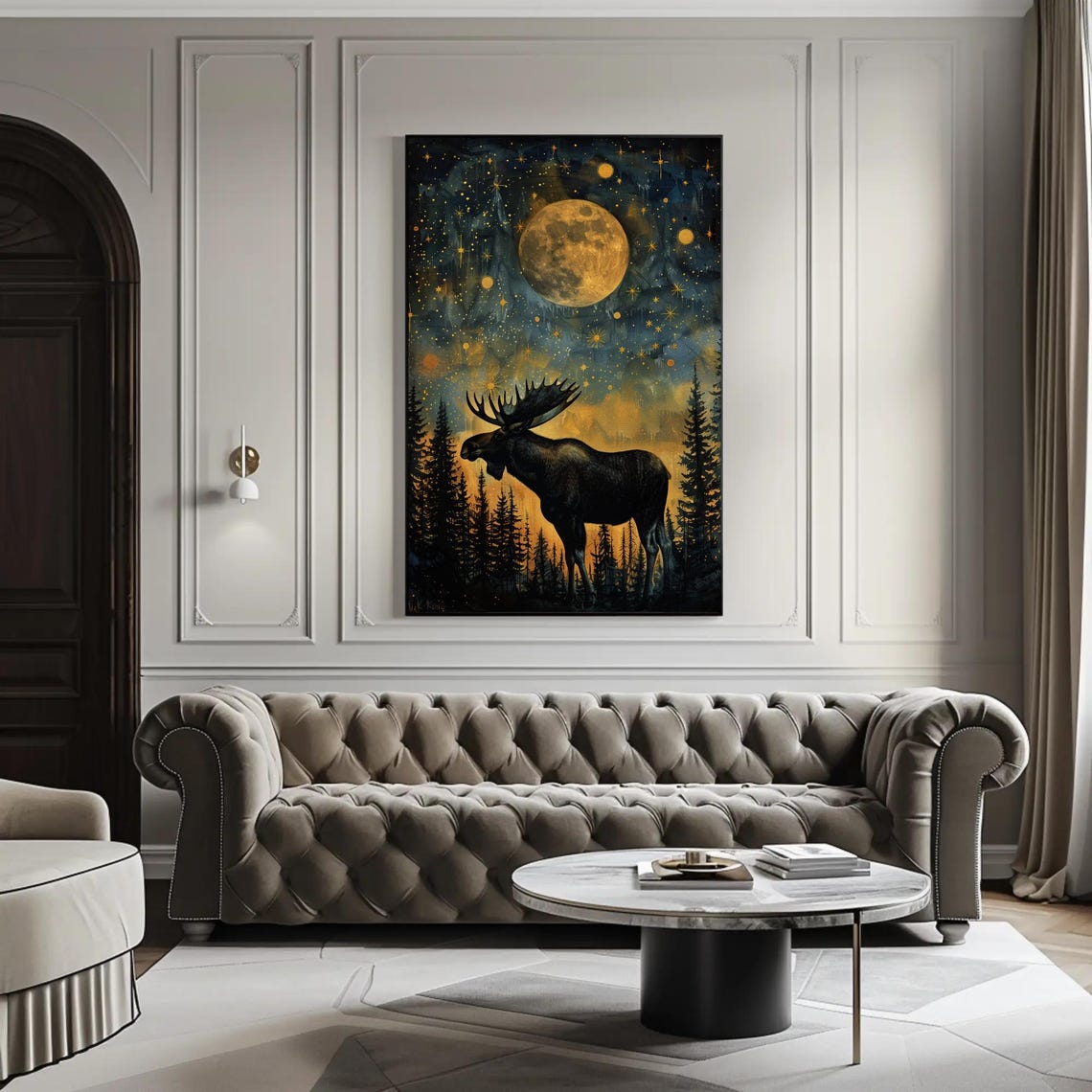Moose Starry Night Giant Golden Moon Pine Forest Silhouette Poster - Image 2