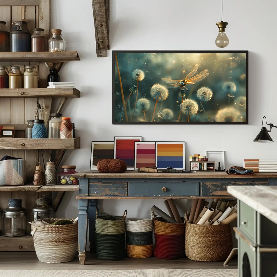 Golden Dragonfly Perched Among Glowing Dandelion Blooms Poster - Image 2