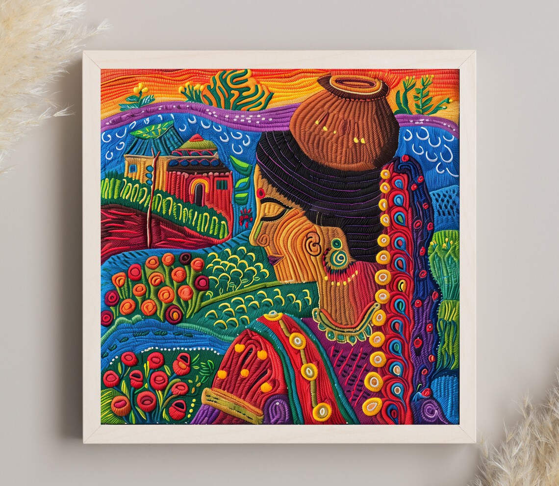 Indian Village Woman Embroidered Yarn Art Poster Water Pot on Head