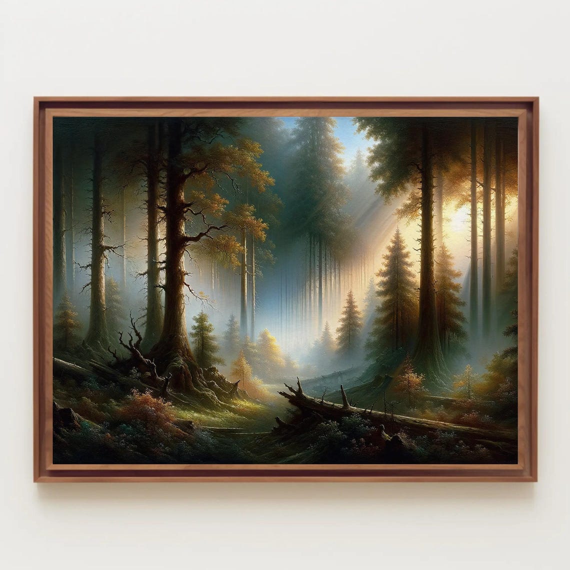 Sunbeams Breaking Through Dark Ancient Forest Oil Painting Poster - Image 4
