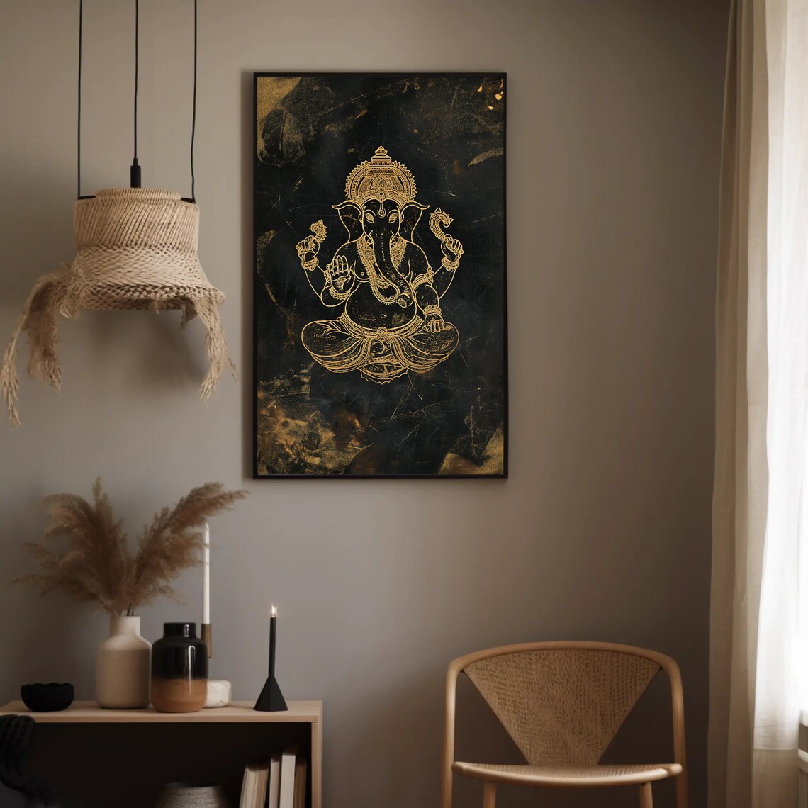 Gold Ganesha Line Art on Black Distressed Hindu God Wall Poster - Image 4