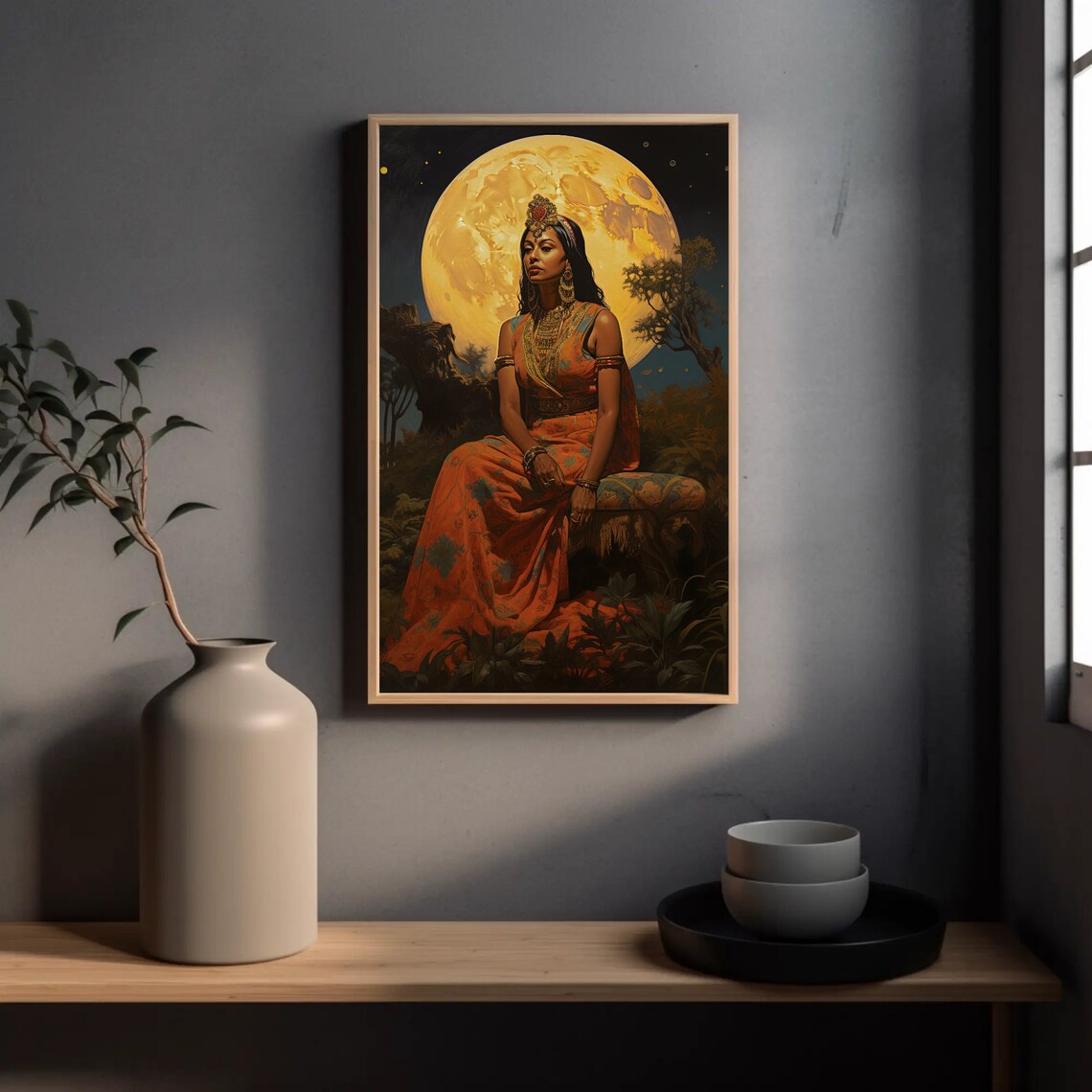 Regal Indian Woman Seated in Jungle Under Giant Full Moon Poster - Image 4