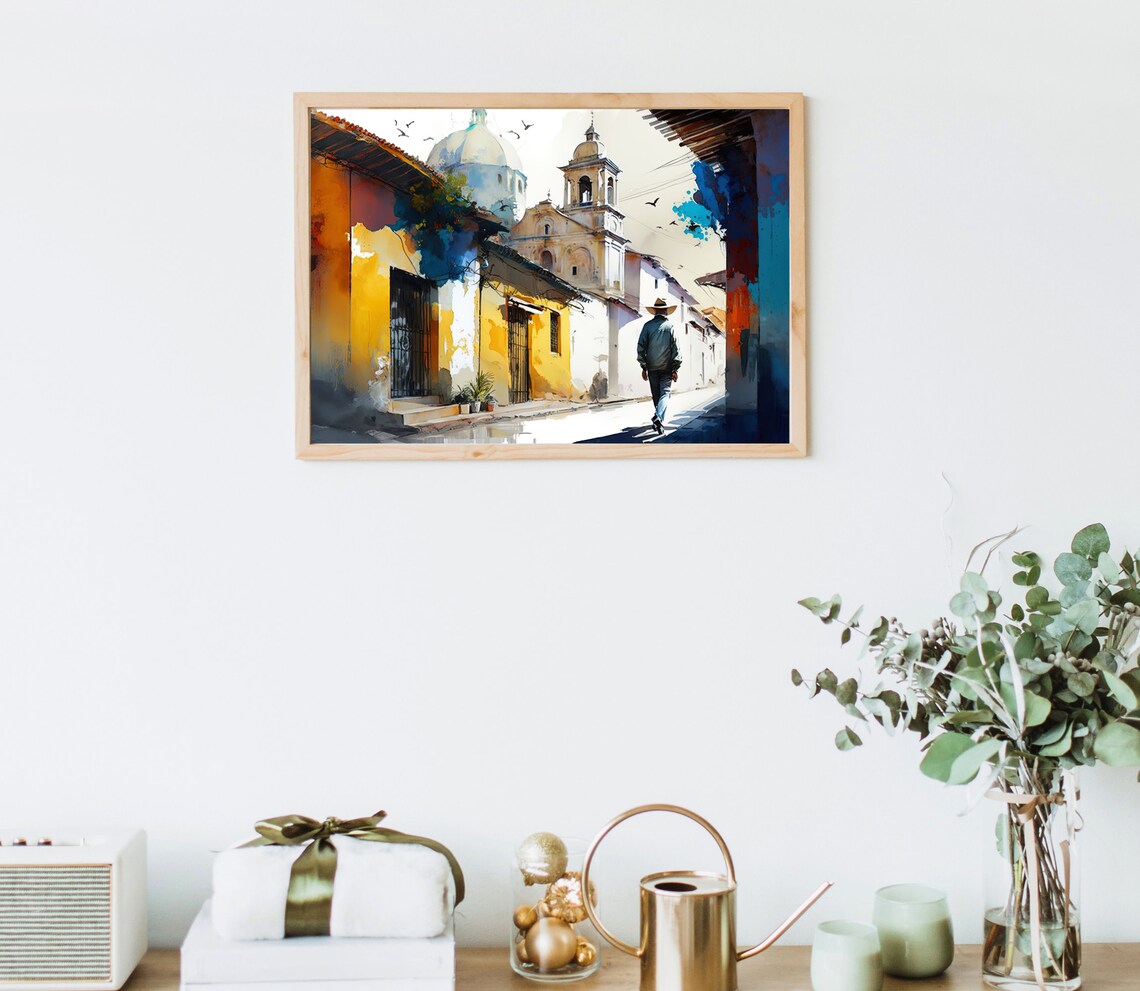 Mexican Colonial Village Church Street Watercolor Art Poster - Image 5