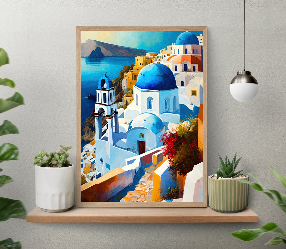 Santorini Greece Blue Dome Church Caldera Ocean View Scene Poster - Image 5