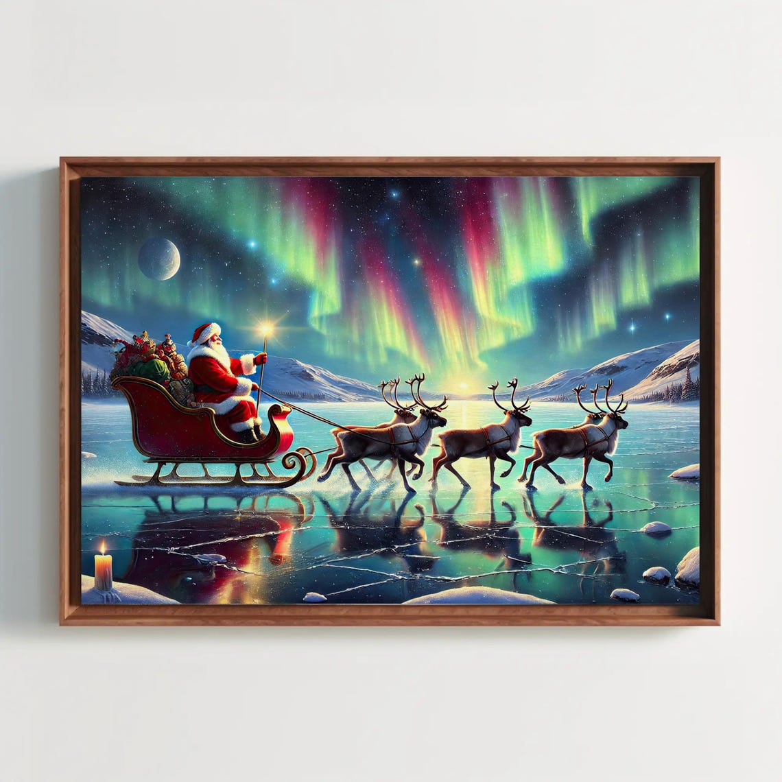 Santa Sleigh Gliding Under Northern Lights On A Frozen Lake Poster