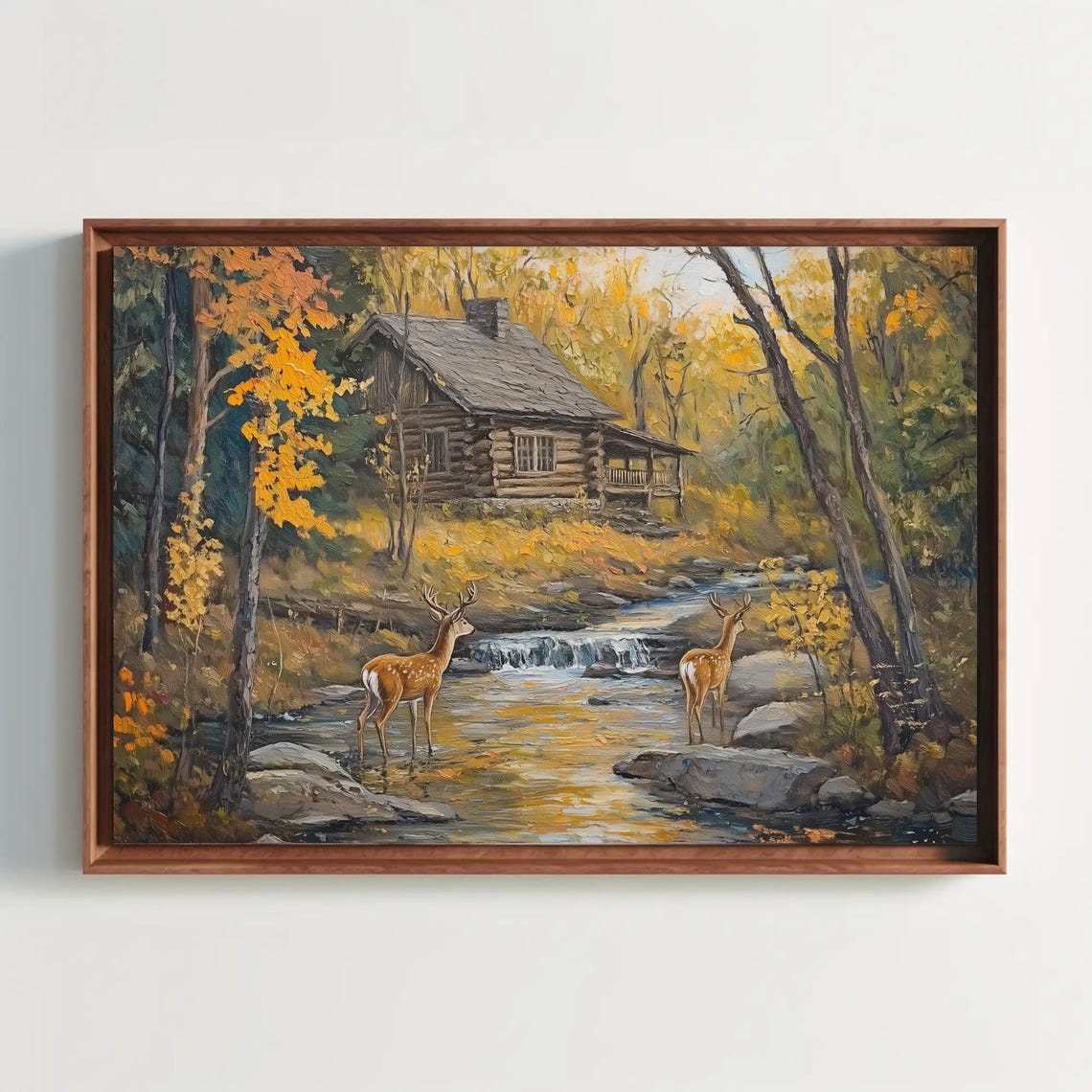 Rustic Log Cabin In Autumn Forest With Two Deer By Stream Poster