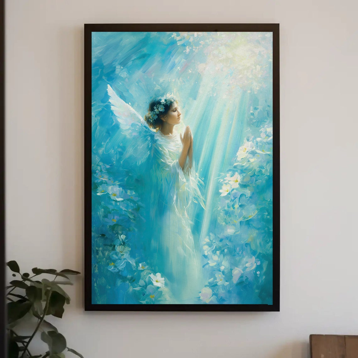 Praying Angel Bathed in Blue Heavenly Light With Flowers Poster