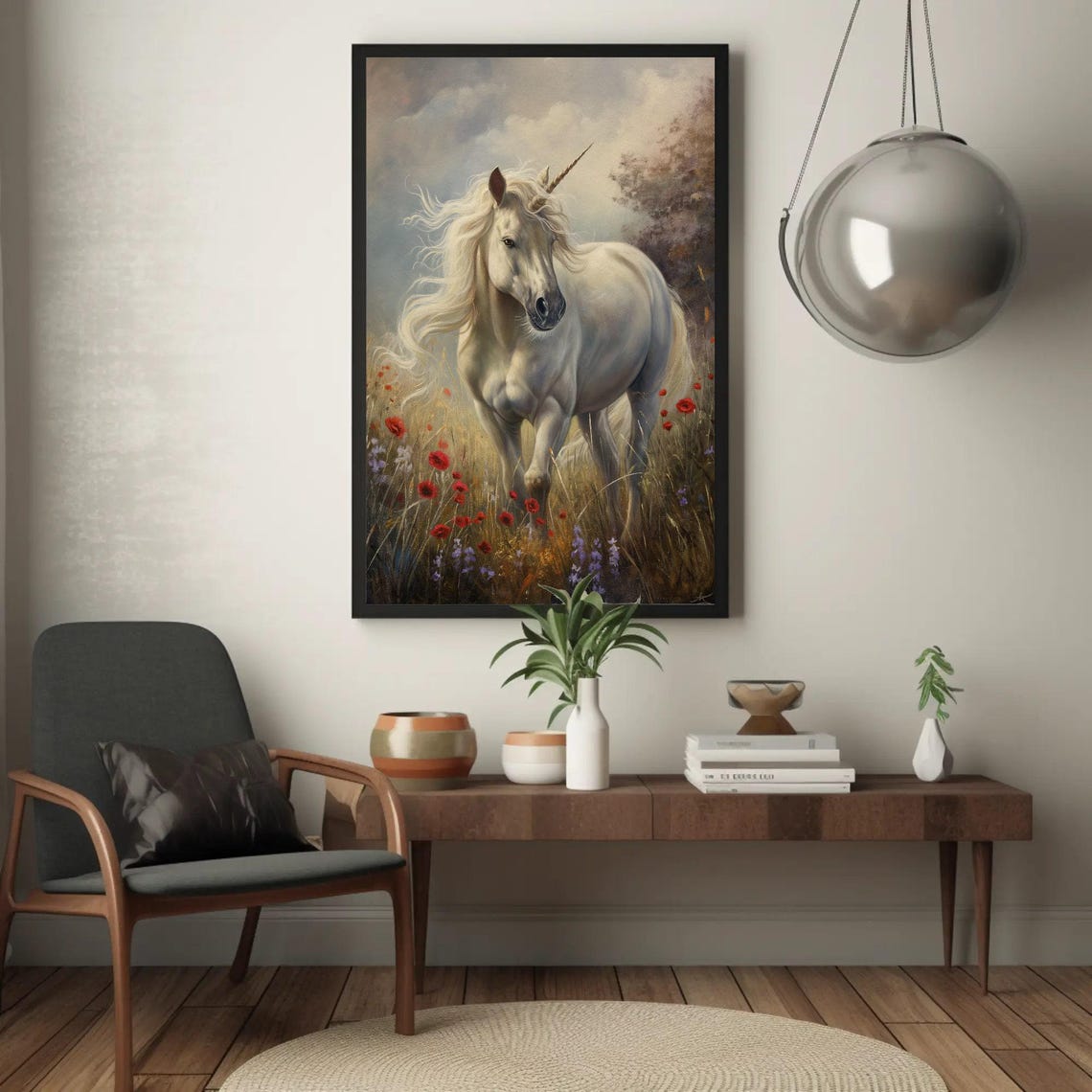 White Unicorn In Field Of Poppies And Violets Oil Painting Magical Unicorn Wall Art Fantasy Art Unicorn Painting Fantasy Painting Gift - Image 2