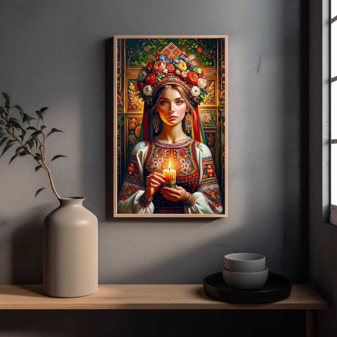 Ukrainian Girl Holding Candle, Oil-Painting Style Art Print - Image 5