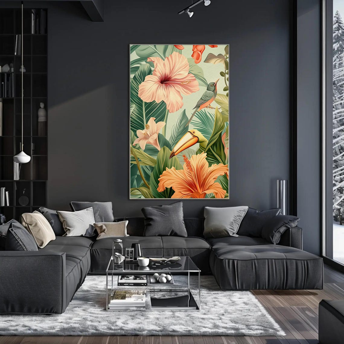 Tropical Hibiscus And Toucan In Lush Green Jungle Leaves Poster - Image 2