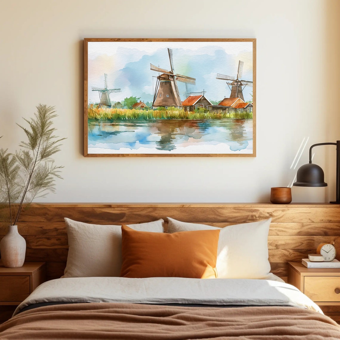 Dutch Windmills River Reflections Watercolor Countryside Poster - Image 2
