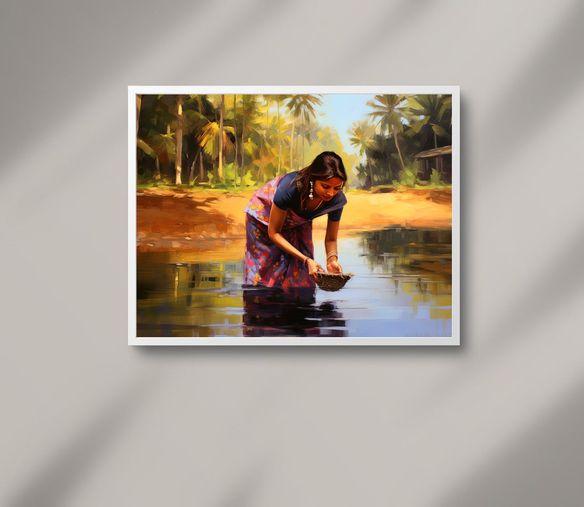 South Indian Woman Gathering Water at a Palm-Lined River Poster - Image 3