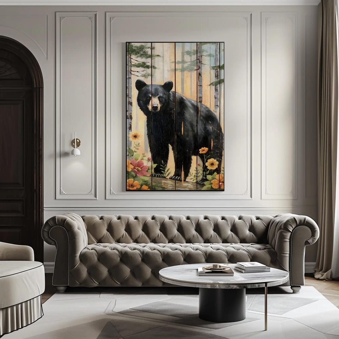 Black Bear In Birch Forest Painted On Rustic Wood Planks Poster - Image 3